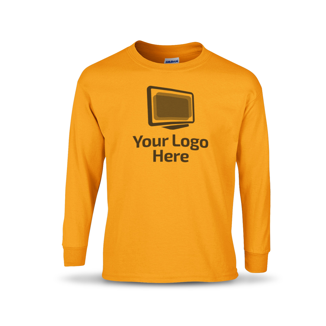 Gold long sleeve crewneck T-shirt featuring a centered graphic of a computer monitor above the text “Your Logo Here.”
