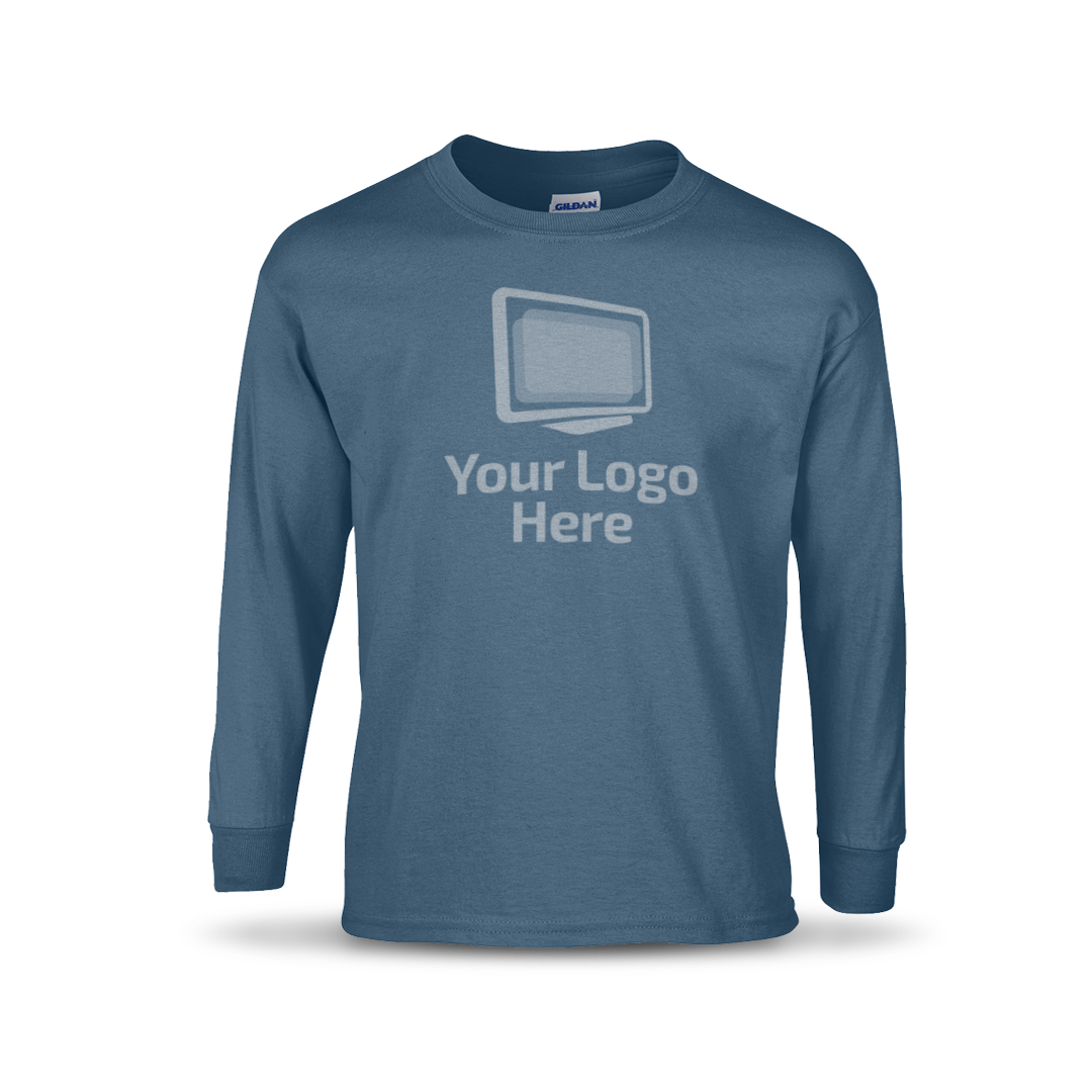 Indigo blue long sleeve crewneck T-shirt featuring a centered graphic of a computer monitor above the text “Your Logo Here.”