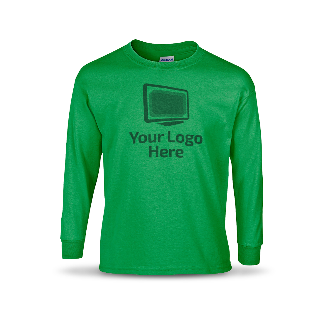 Irish green long sleeve crewneck T-shirt featuring a centered graphic of a computer monitor above the text “Your Logo Here.”