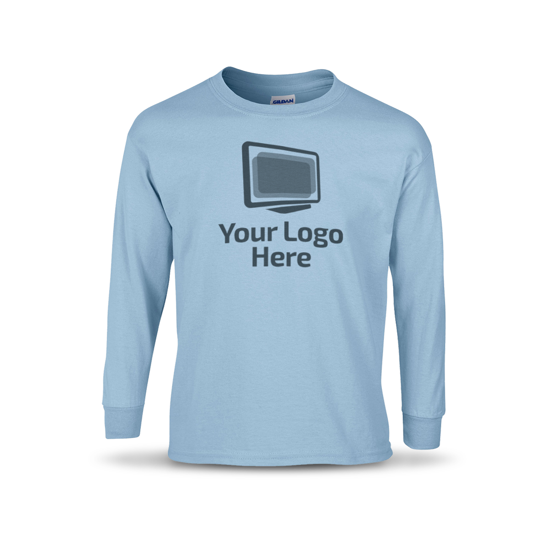 Light blue long sleeve crewneck T-shirt featuring a centered graphic of a computer monitor above the text “Your Logo Here.”