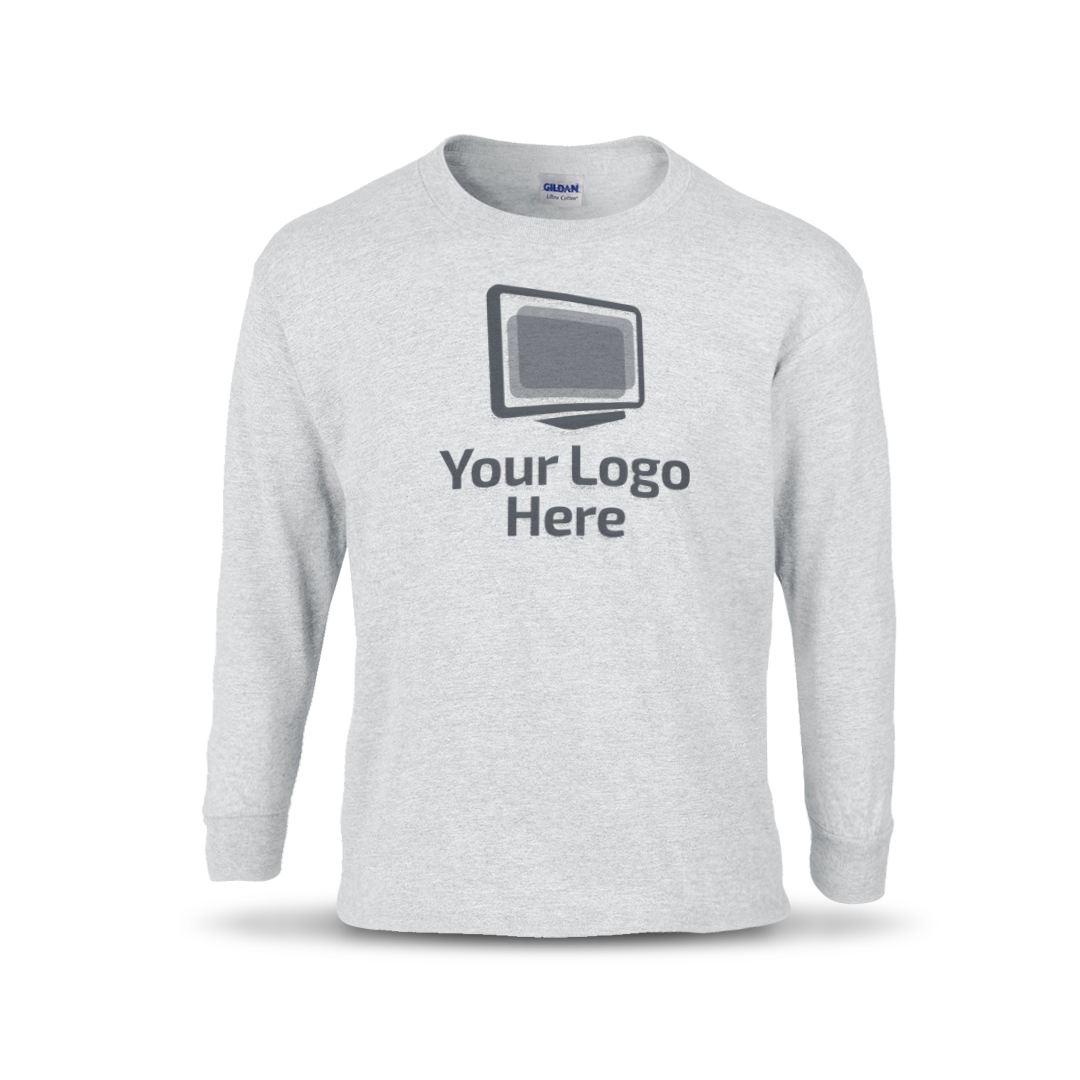 Ash grey long sleeve crewneck T-shirt featuring a centered graphic of a computer monitor above the text “Your Logo Here.”