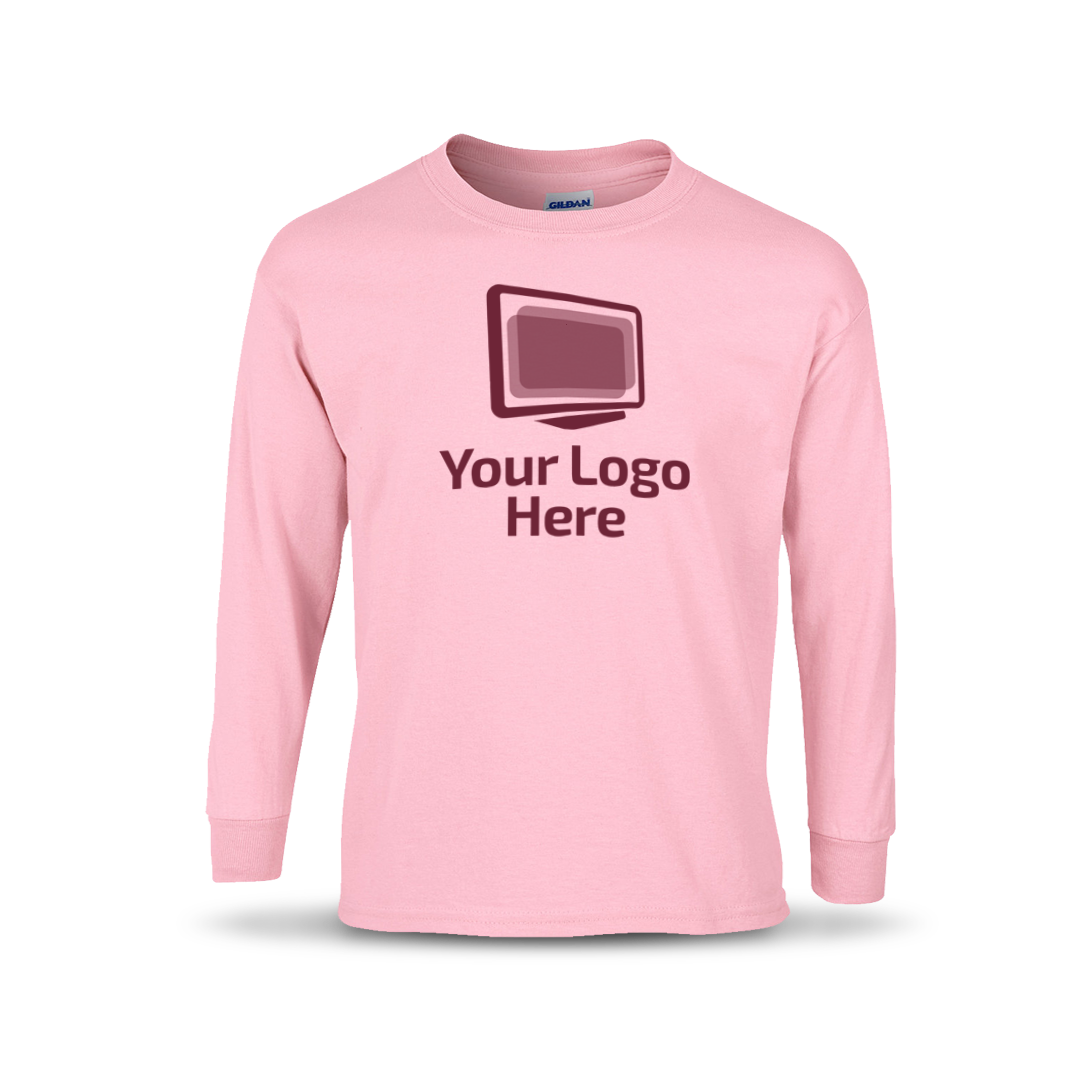 Light pink long sleeve crewneck T-shirt featuring a centered graphic of a computer monitor above the text “Your Logo Here.”