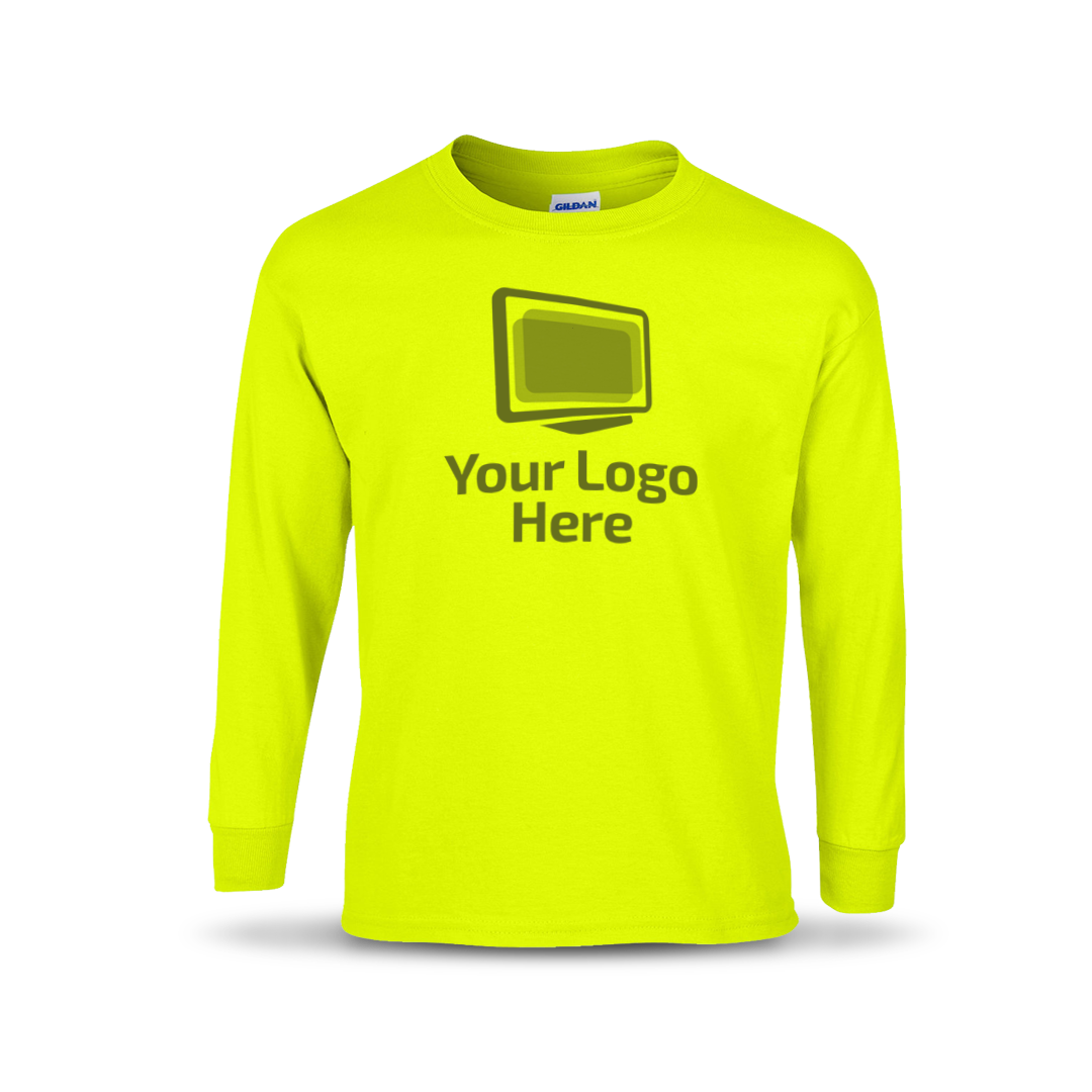 Safety green long sleeve crewneck T-shirt featuring a centered graphic of a computer monitor above the text “Your Logo Here.”