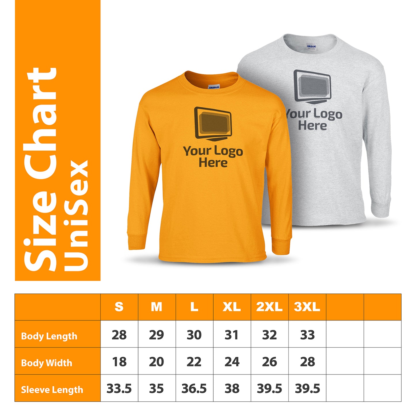 Size chart for unisex long sleeve T-shirts displayed with orange and gray shirt examples; includes body length, body width, and sleeve length for sizes S to 3XL.