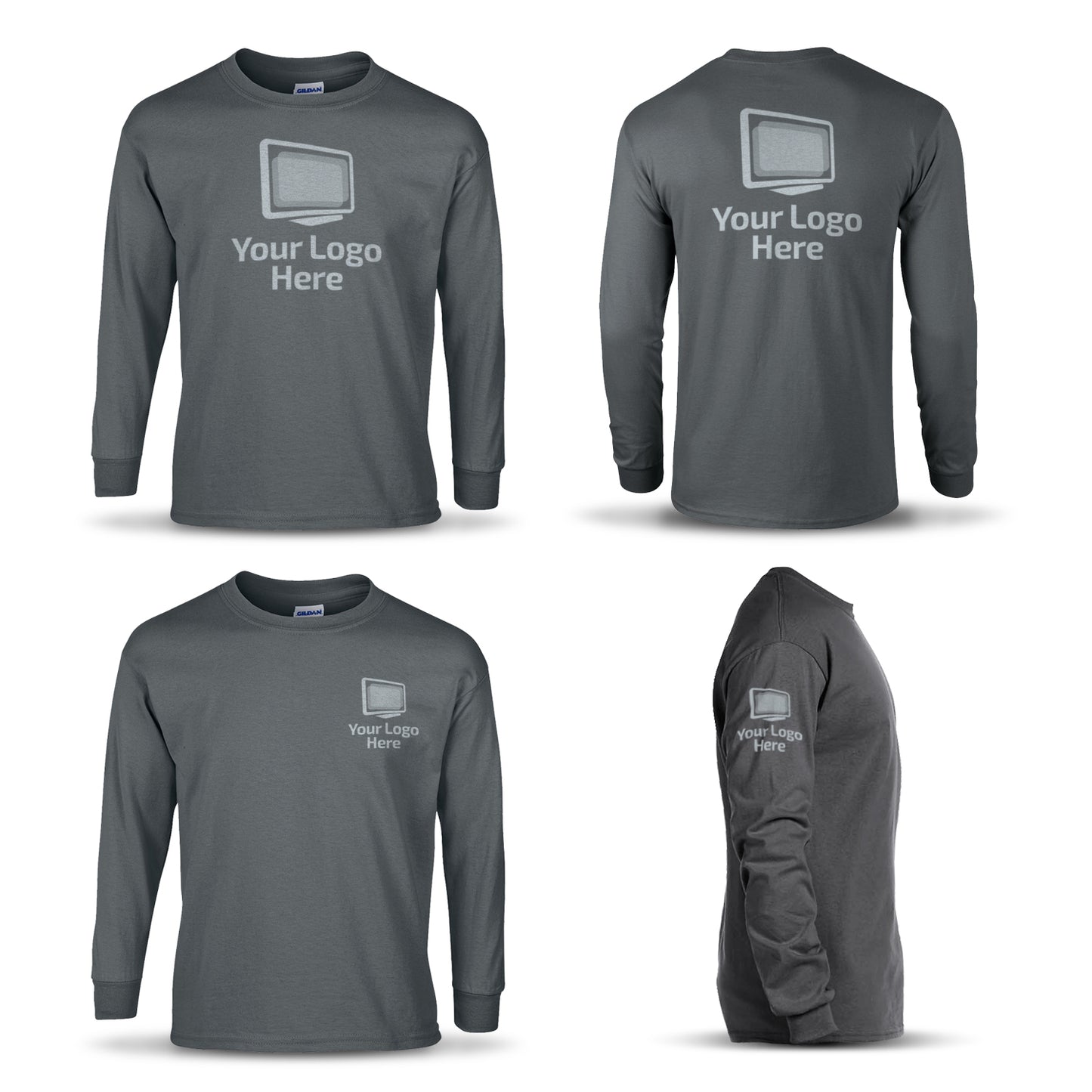 Dark gray long sleeve crewneck T-shirt shown from front, back, side, and angle views, featuring a centered "Your Logo Here" design with a monitor icon printed in multiple placements.