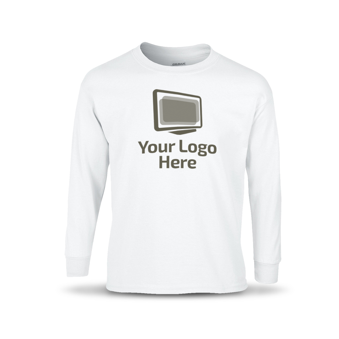 White long sleeve crewneck T-shirt featuring a centered graphic of a computer monitor above the text “Your Logo Here.”