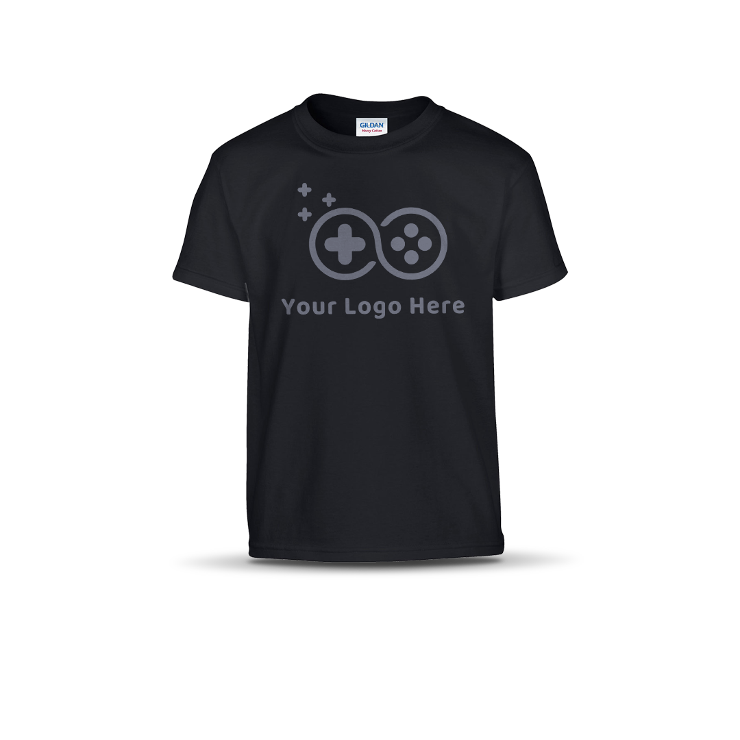 Black short-sleeve T-shirt featuring a custom game controller logo and "Your Logo Here" text on the front.