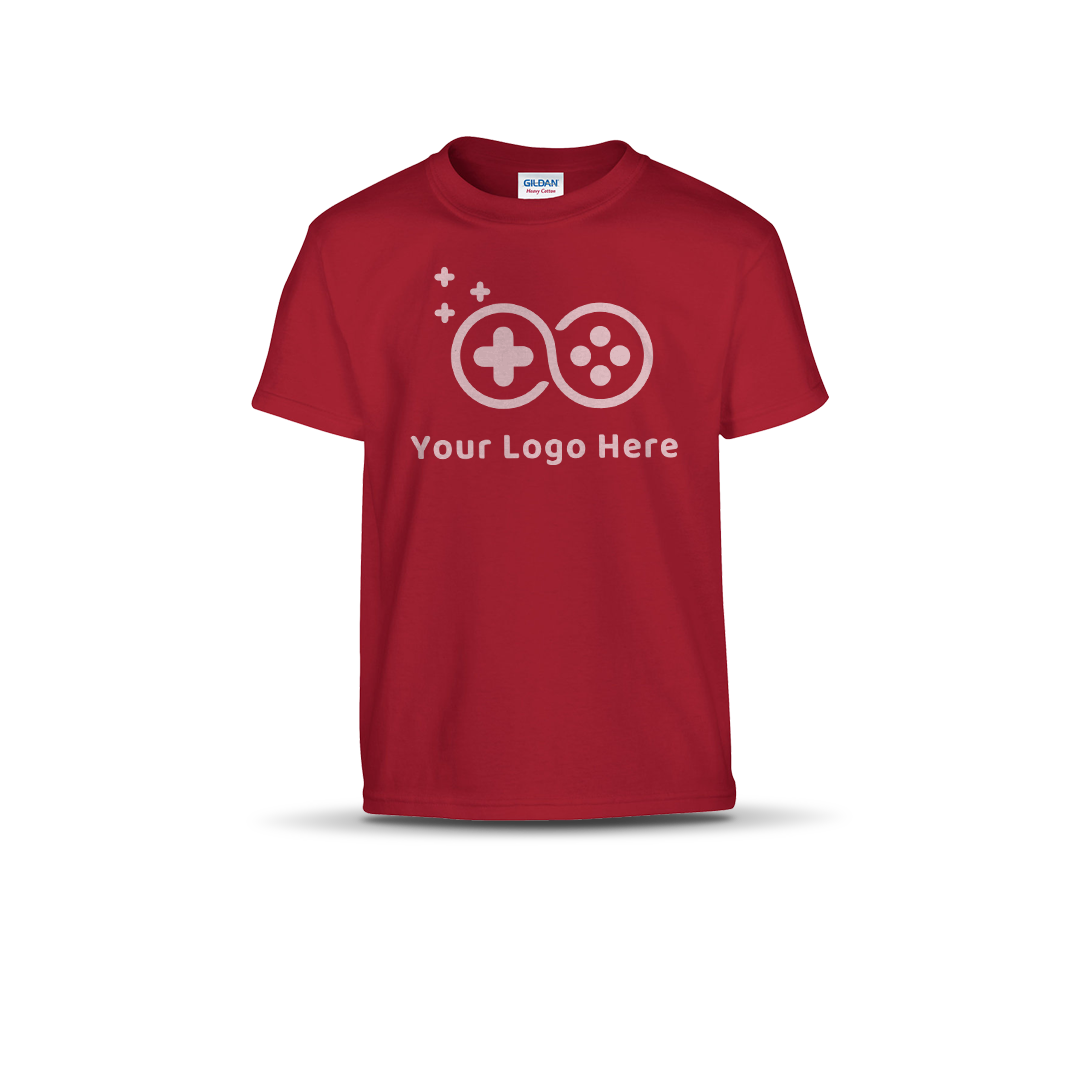 Cardinal red short-sleeve T-shirt featuring a custom game controller logo and "Your Logo Here" text on the front.