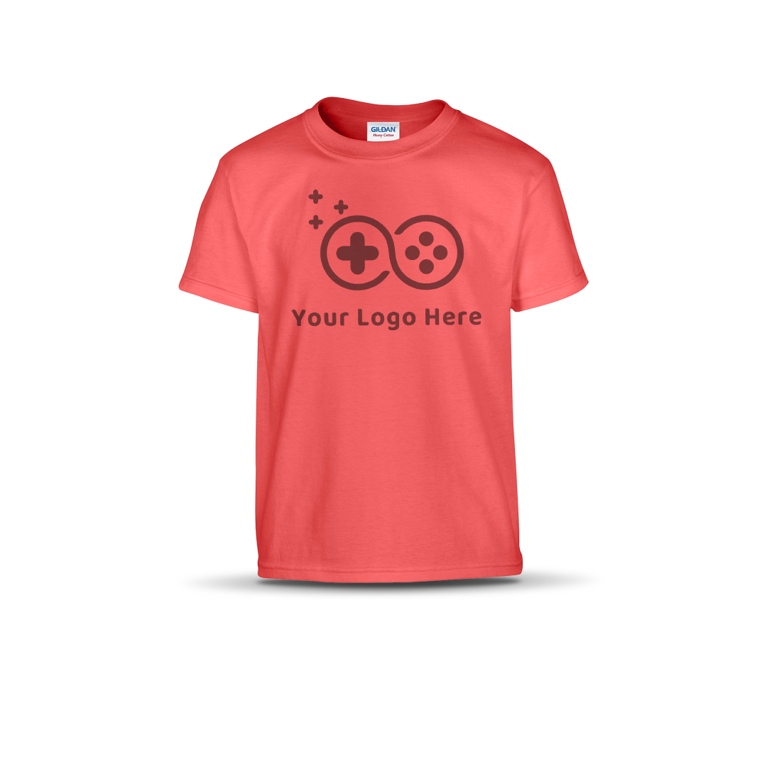 Coral silk short-sleeve T-shirt featuring a custom game controller logo and "Your Logo Here" text on the front.