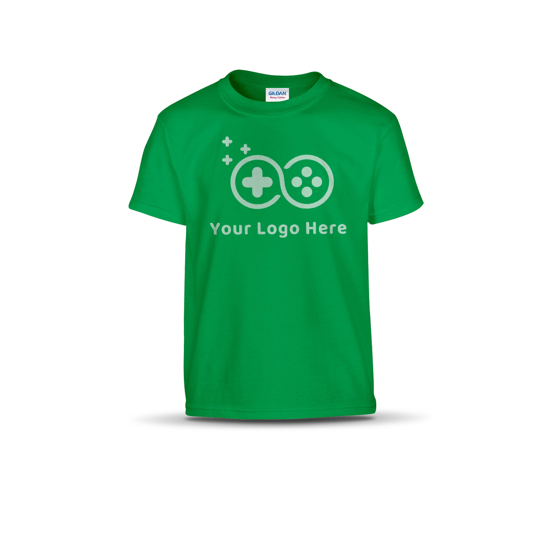 Irish green short-sleeve T-shirt featuring a custom game controller logo and "Your Logo Here" text on the front.