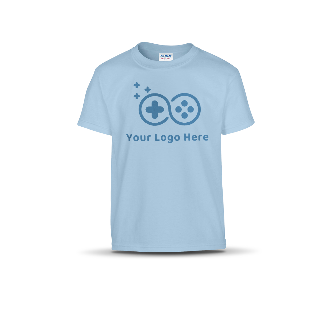 Light blue short-sleeve T-shirt featuring a custom game controller logo and "Your Logo Here" text on the front.