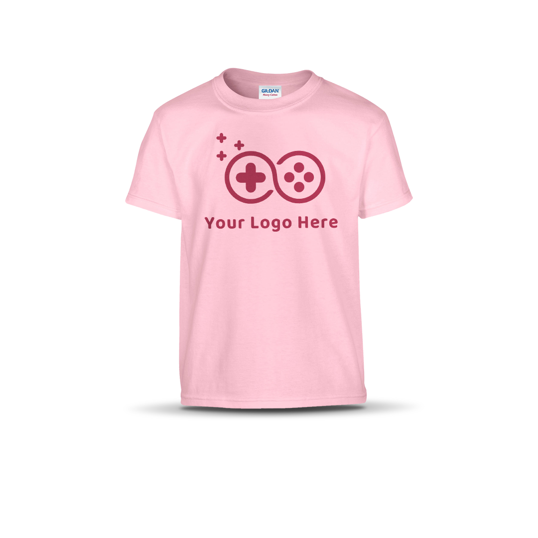 Light pink short-sleeve T-shirt featuring a custom game controller logo and "Your Logo Here" text on the front.