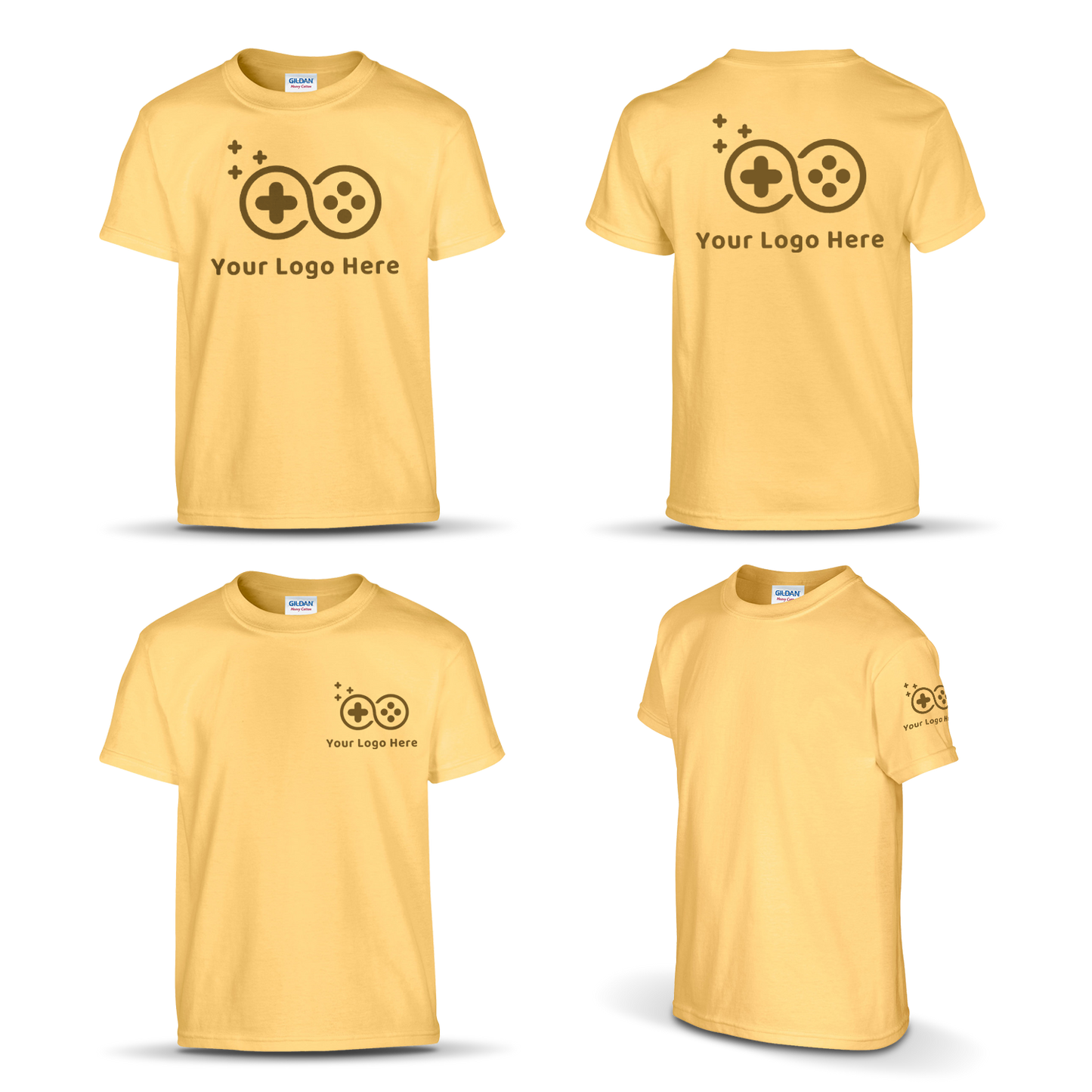 Youth yellow T-shirt displayed from multiple angles, featuring a game controller logo and "Your Logo Here" text printed on the front, back, chest, and sleeve.
