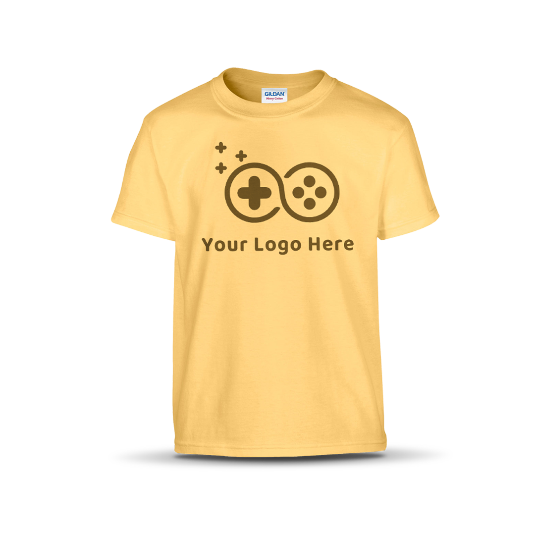 Youth yellow short-sleeve T-shirt featuring a custom game controller logo and "Your Logo Here" text on the front.