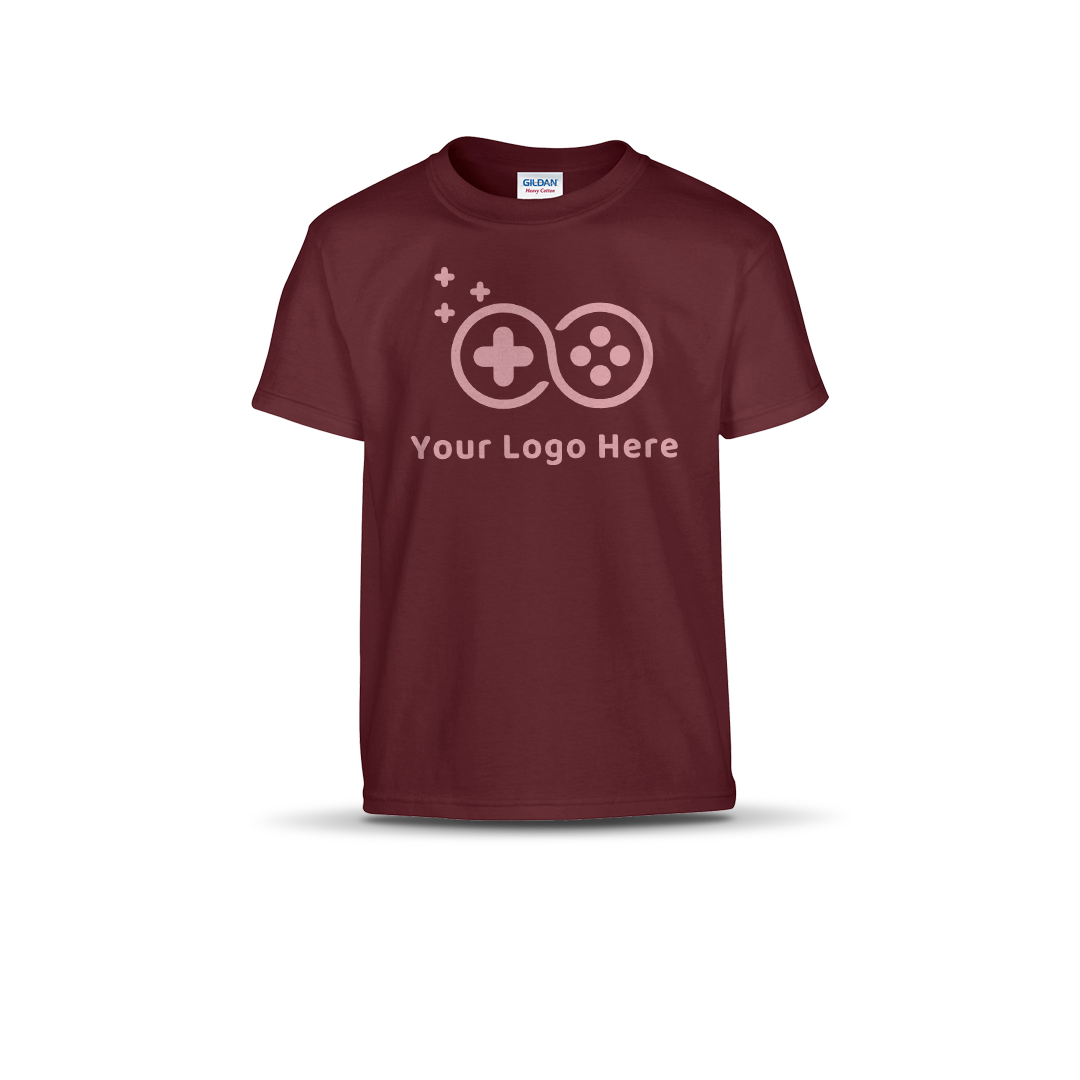 Maroon short-sleeve T-shirt featuring a custom game controller logo and "Your Logo Here" text on the front.