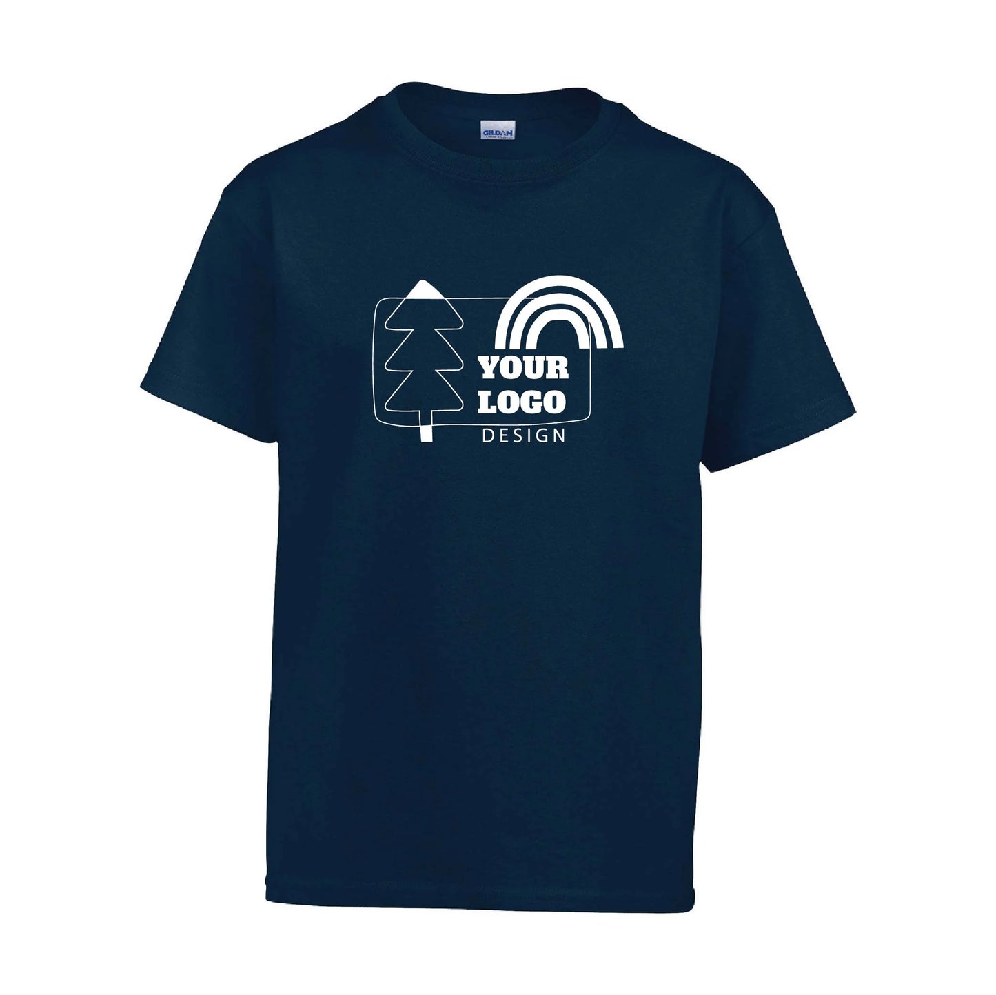 Navy short-sleeve T-shirt featuring a custom game controller logo and "Your Logo Here" text on the front.