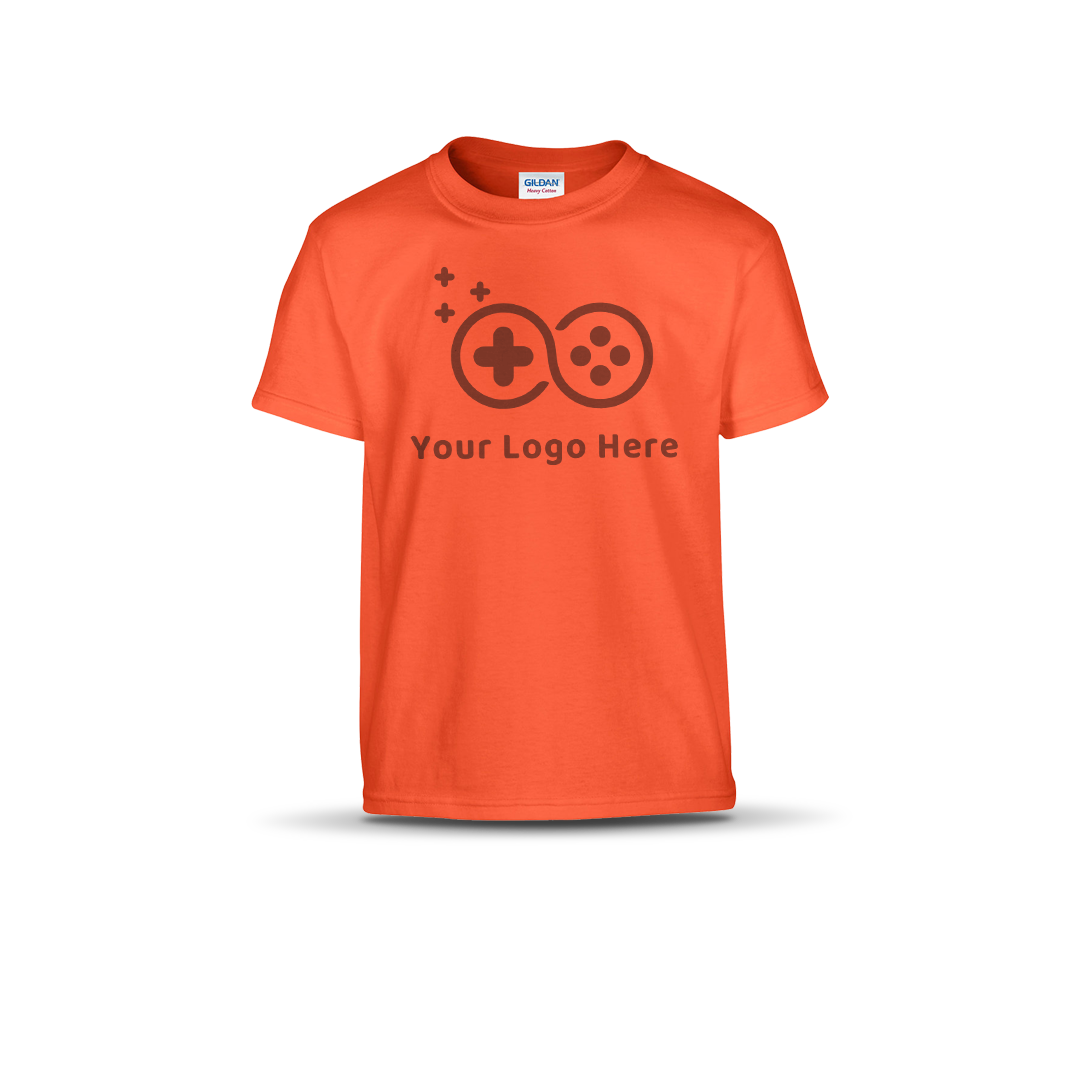 Orange short-sleeve T-shirt featuring a custom game controller logo and "Your Logo Here" text on the front.