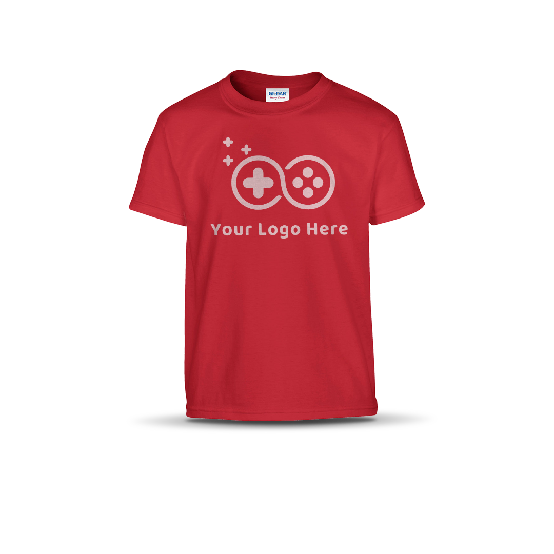 Red short-sleeve T-shirt featuring a custom game controller logo and "Your Logo Here" text on the front.