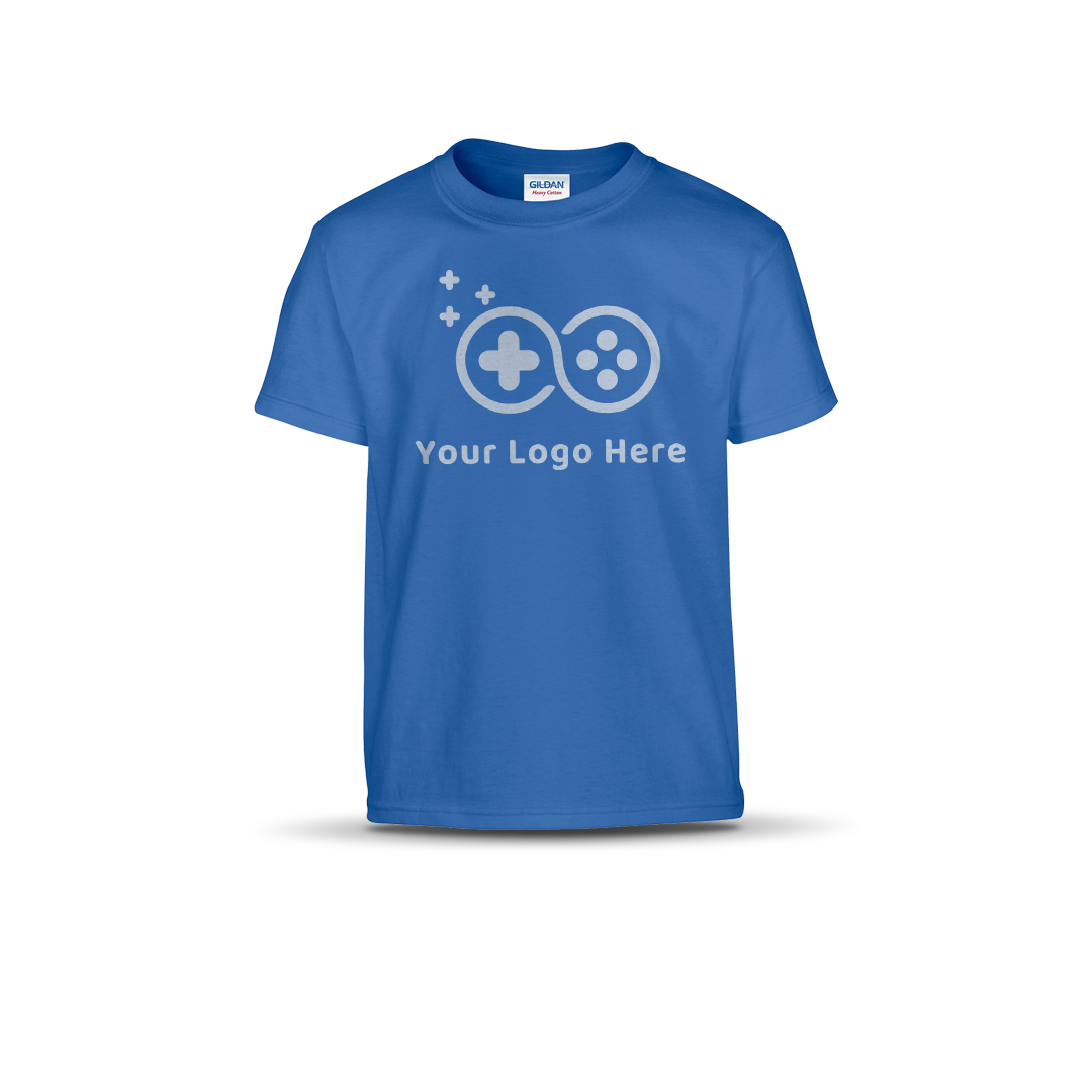 Royal blue short-sleeve T-shirt featuring a custom game controller logo and "Your Logo Here" text on the front.