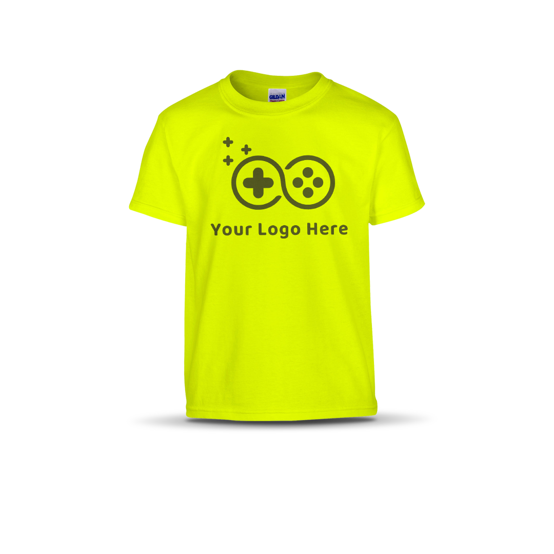 Safety green short-sleeve T-shirt featuring a custom game controller logo and "Your Logo Here" text on the front.
