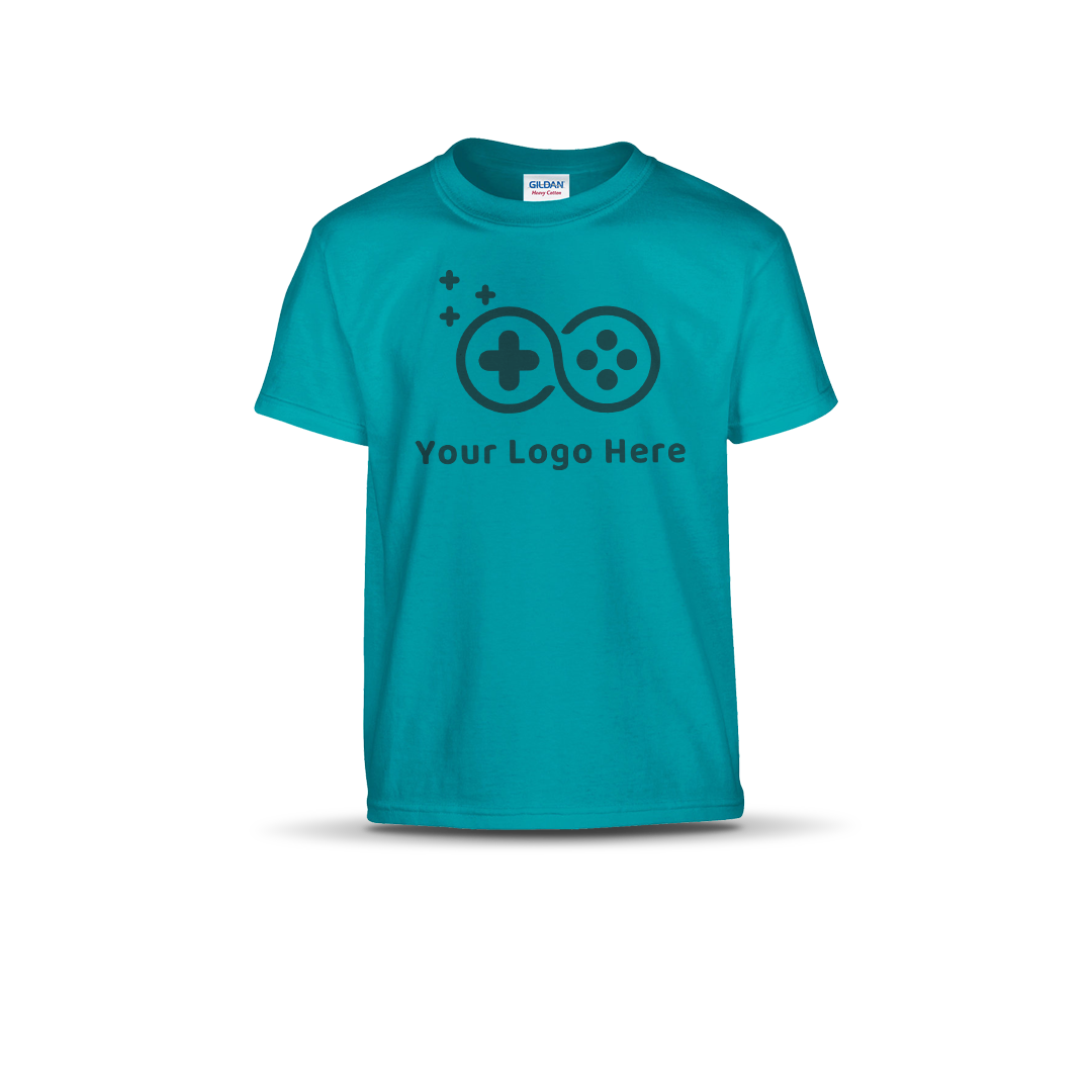 Tropical blue short-sleeve T-shirt featuring a custom game controller logo and "Your Logo Here" text on the front.