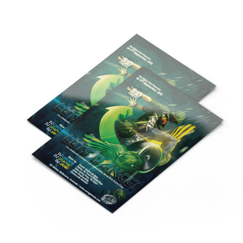 Gloss text flyers featuring a vibrant dance event design with dynamic graphics and bold colors, printed on high-quality glossy paper.