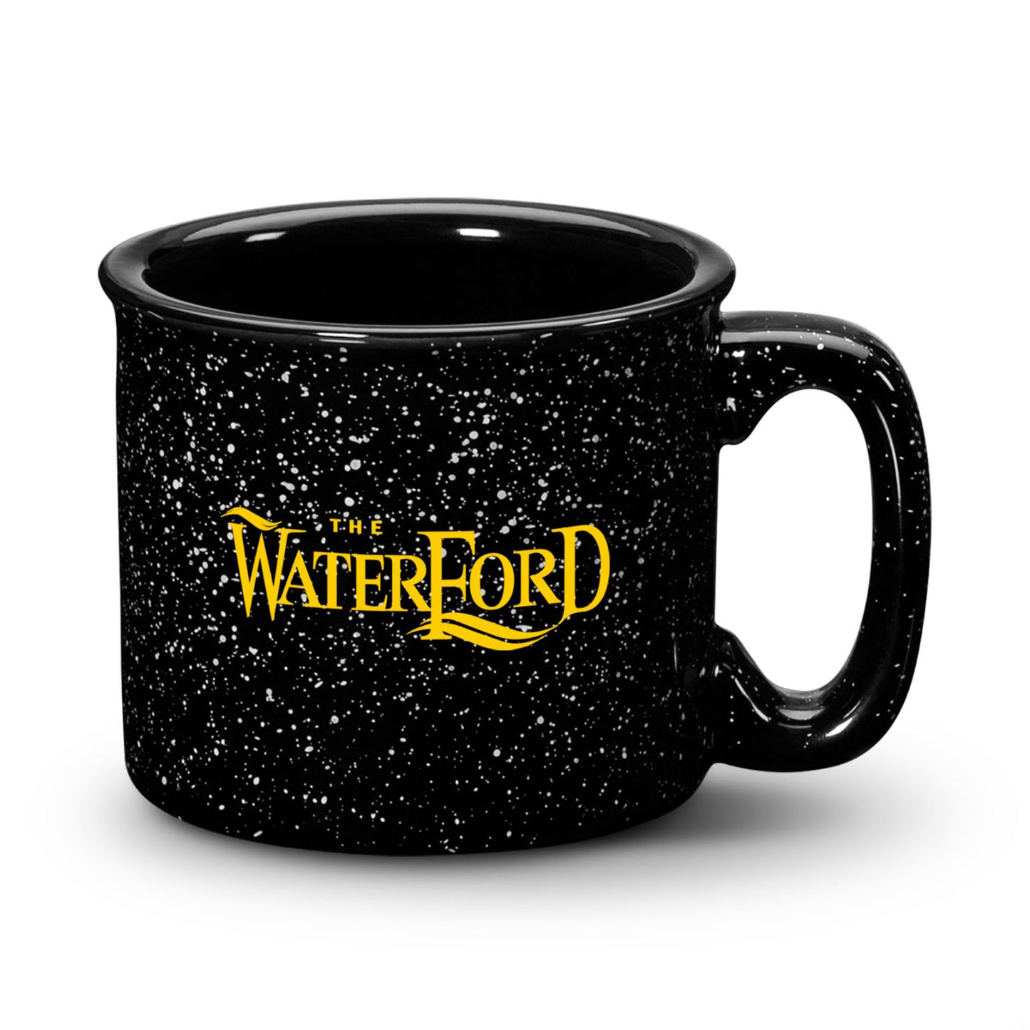 Black ceramic campfire mug with a speckled finish, black rim, and “The Waterford” logo in bold print.