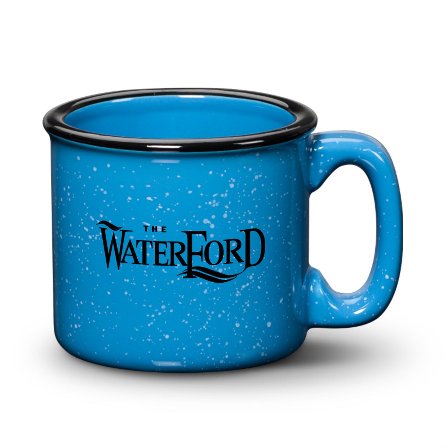 Hawaii blue ceramic campfire mug with a speckled finish, black rim, and “The Waterford” logo in bold print.
