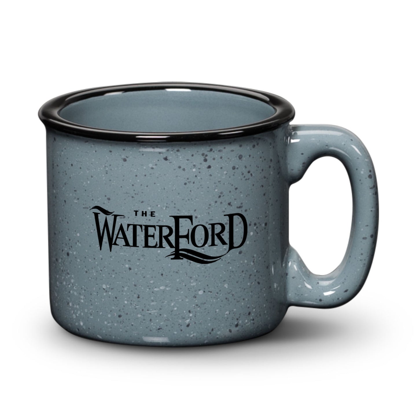 Gray ceramic campfire mug with a speckled finish, black rim, and “The Waterford” logo in bold print.