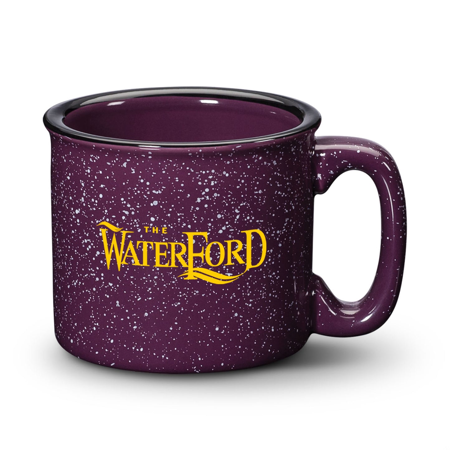 Plum ceramic campfire mug with a speckled finish, black rim, and “The Waterford” logo in bold print.