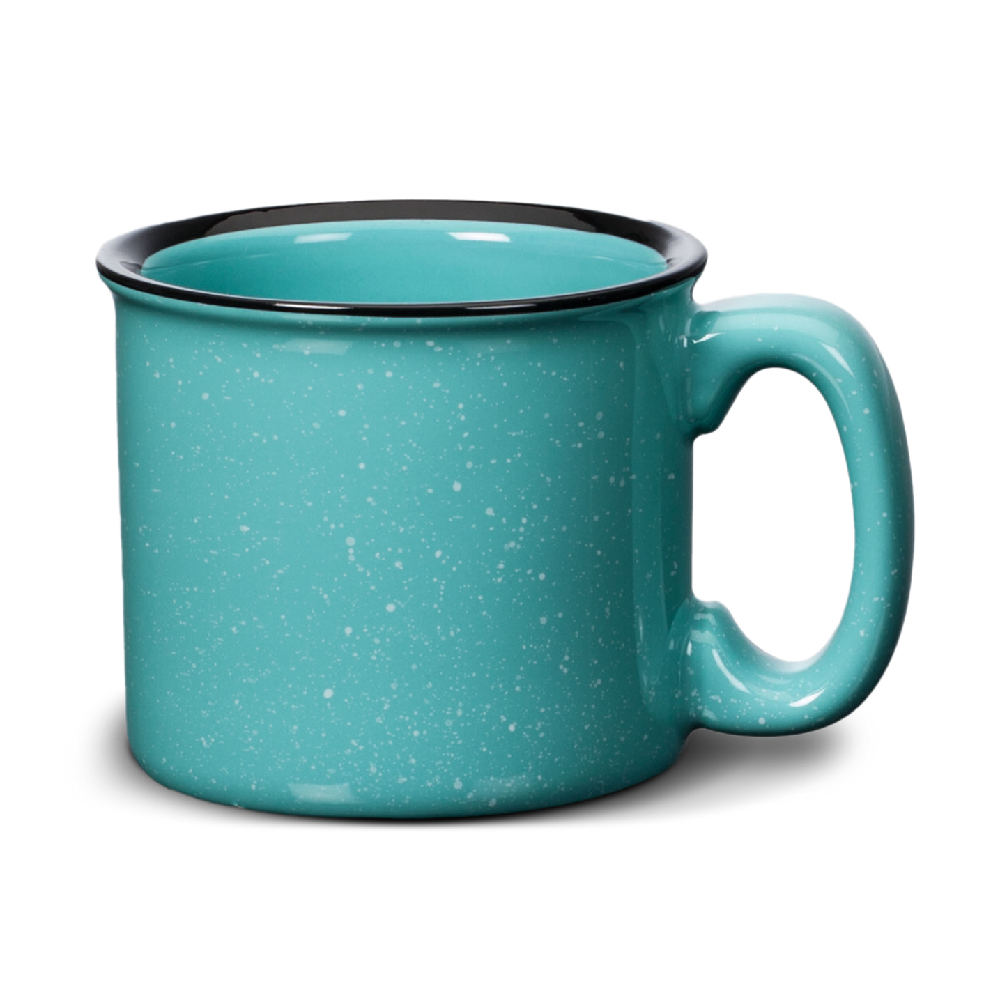 Aqua ceramic campfire mug with a white speckled finish and a glossy black rim, featuring a classic rounded handle.