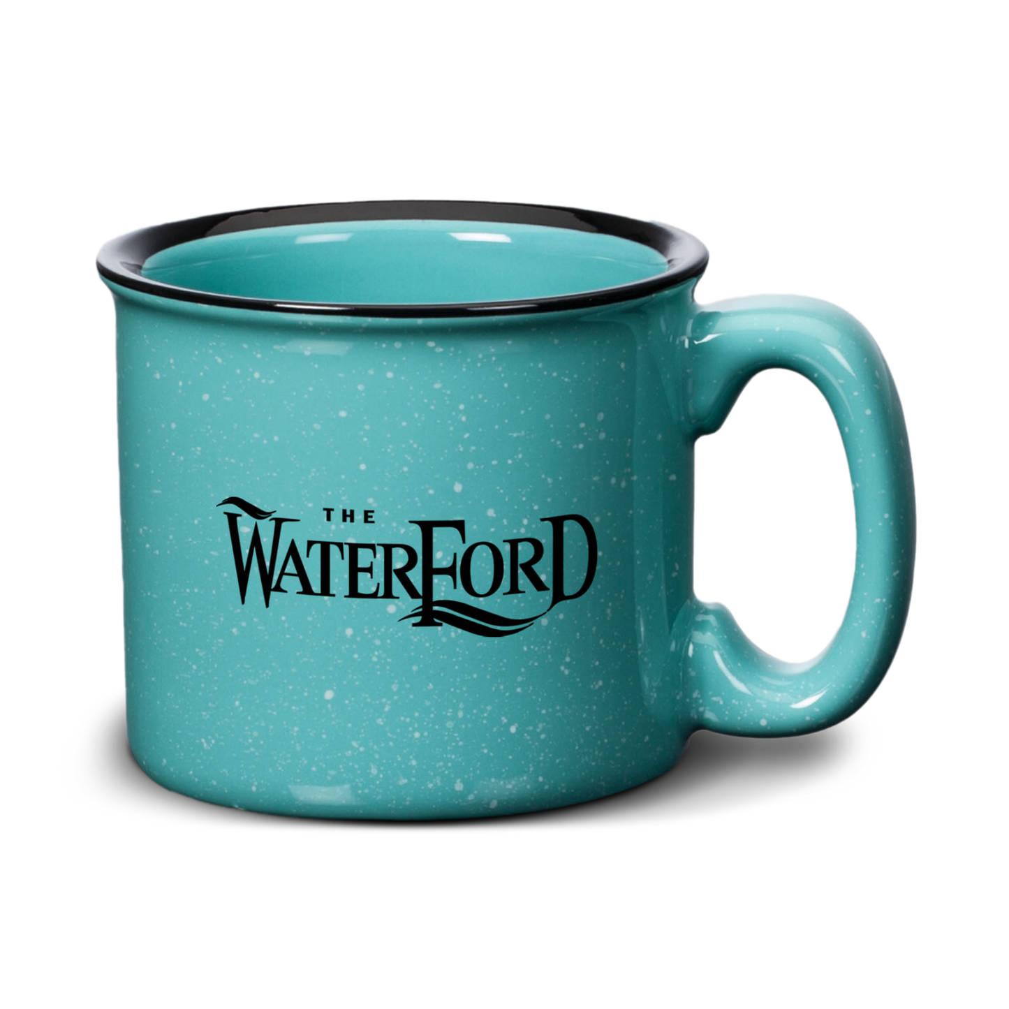 Aqua ceramic campfire mug with a speckled finish, black rim, and “The Waterford” logo in bold print.