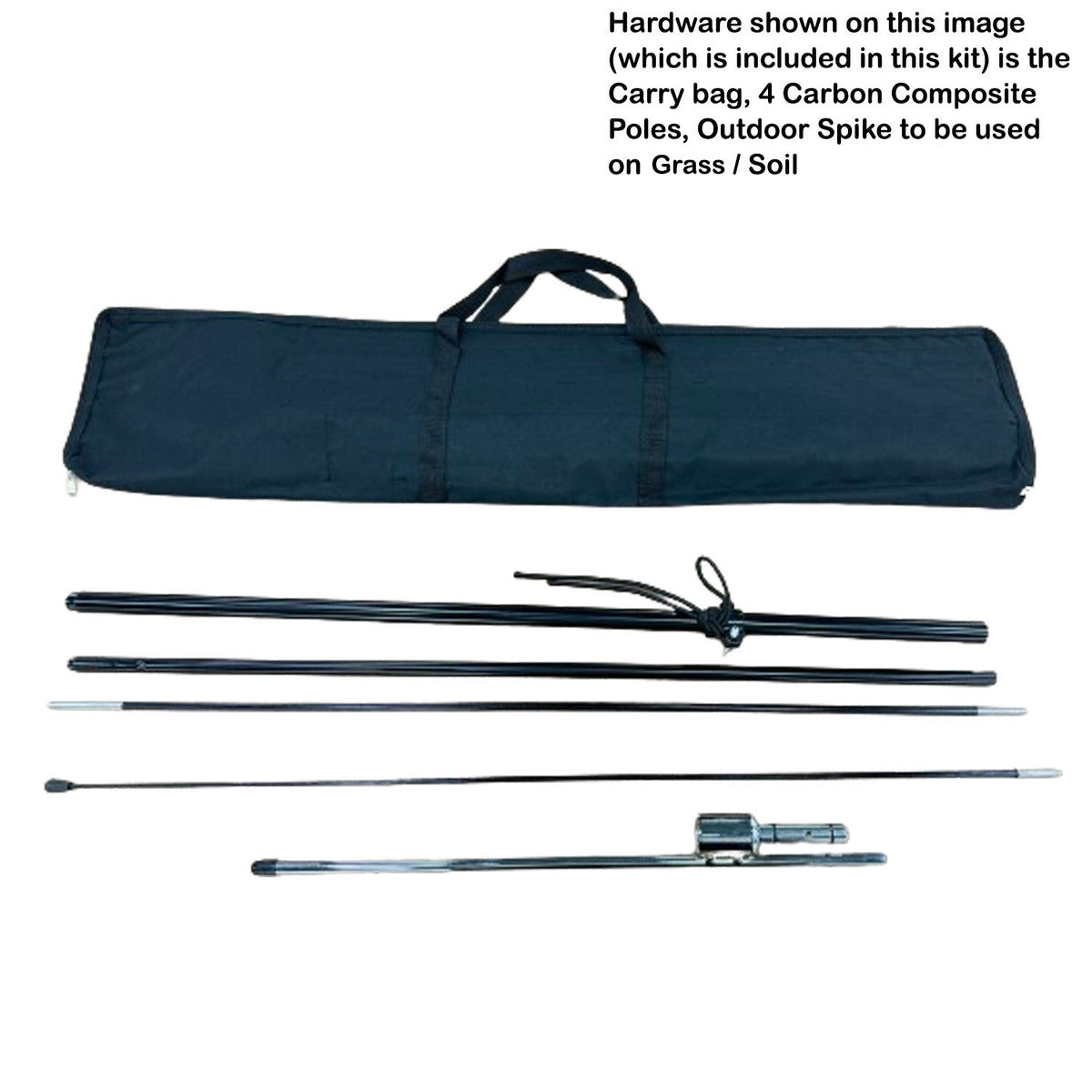 Feather flag hardware kit with carry bag, 4 carbon composite poles, and outdoor ground spike for grass or soil