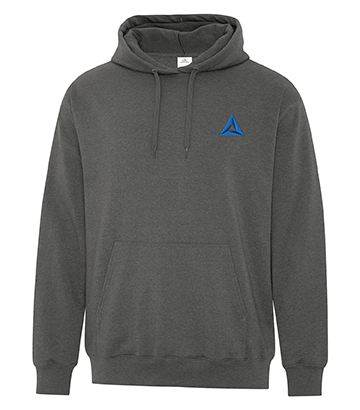 ATC Earth Wash Tourbillon fleece hoodie in charcoal grey, featuring a front kangaroo pocket, drawstring hood, and a blue triangle logo on the left chest.