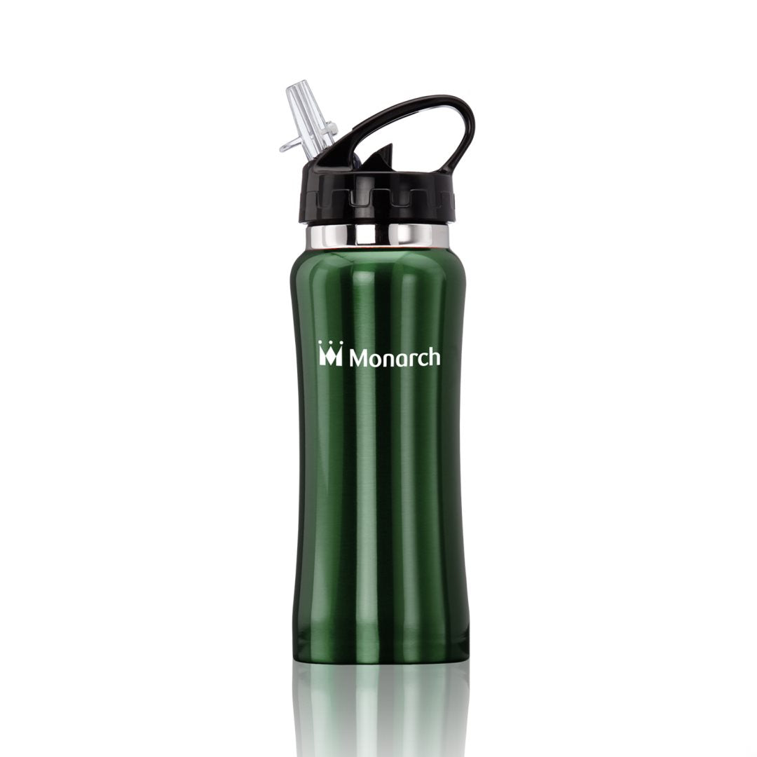 Green stainless steel sports water bottle with a black lid and clear spout, featuring an white logo on the front