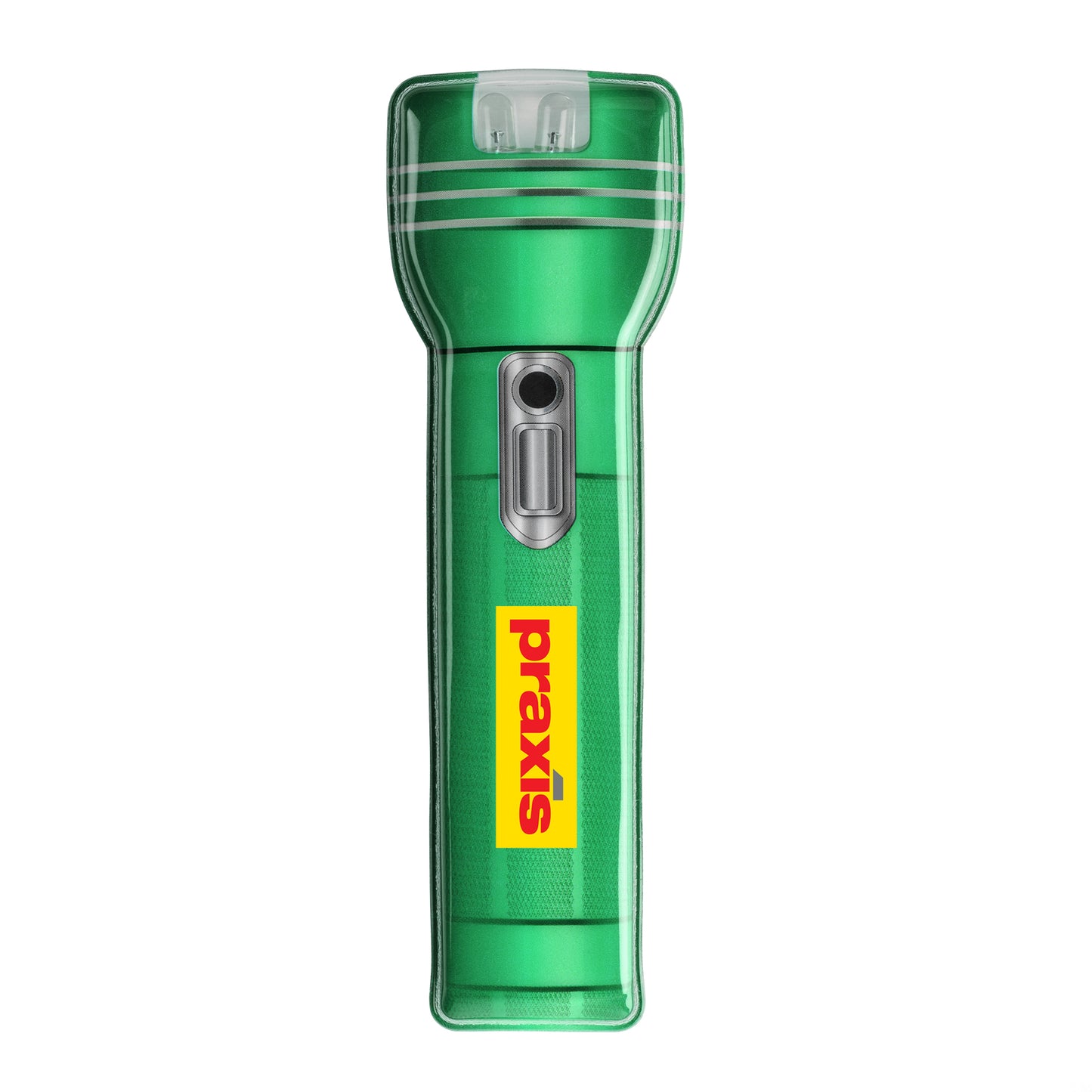 Dalston Magnetic LED Flashlight in matte green with silver power button, featuring a customized logo printed in yellow and red on the handle