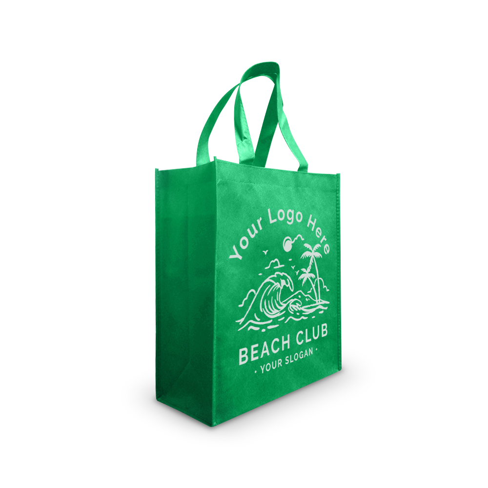 Green reusable tote bag with beach-themed custom logo design.