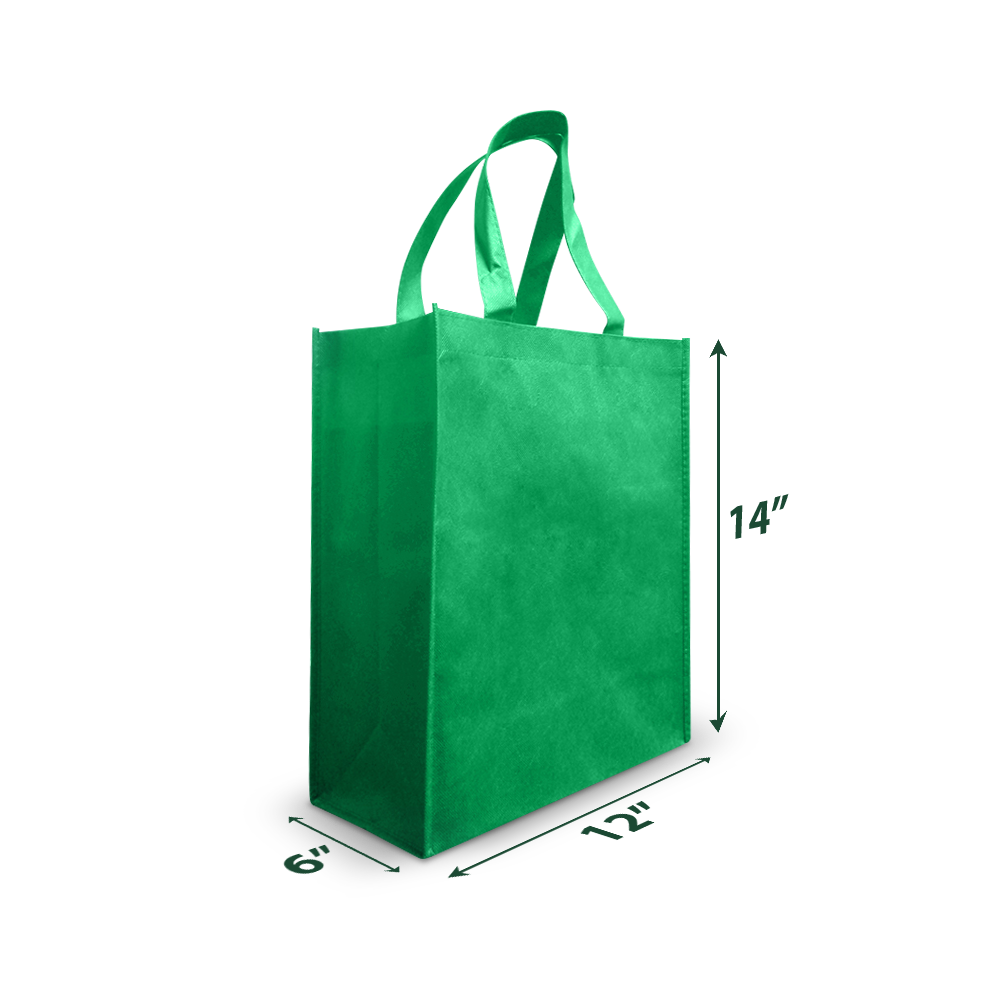 Plain green reusable tote bag with handles, sized approximately 12"W x 8"D x 14"H.