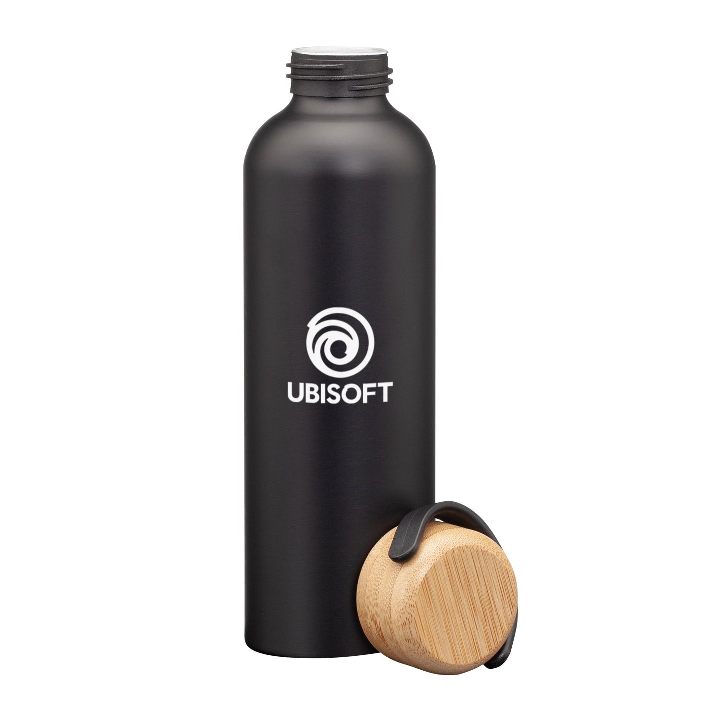 Matte black stainless steel water bottle with detached bamboo lid and black handle, featuring a on the front