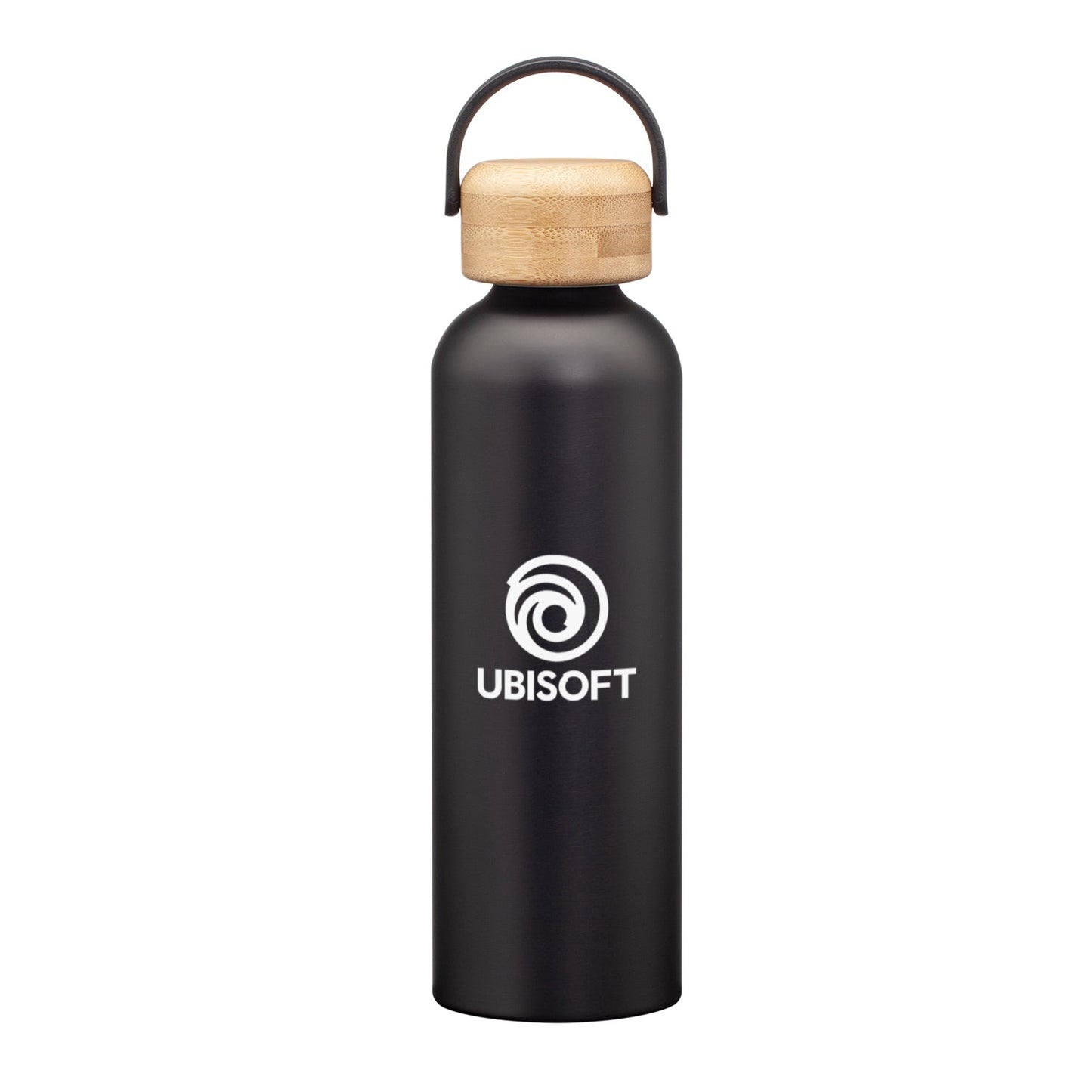 Matte black stainless steel water bottle with a bamboo lid and handle, featuring a logo on the front.