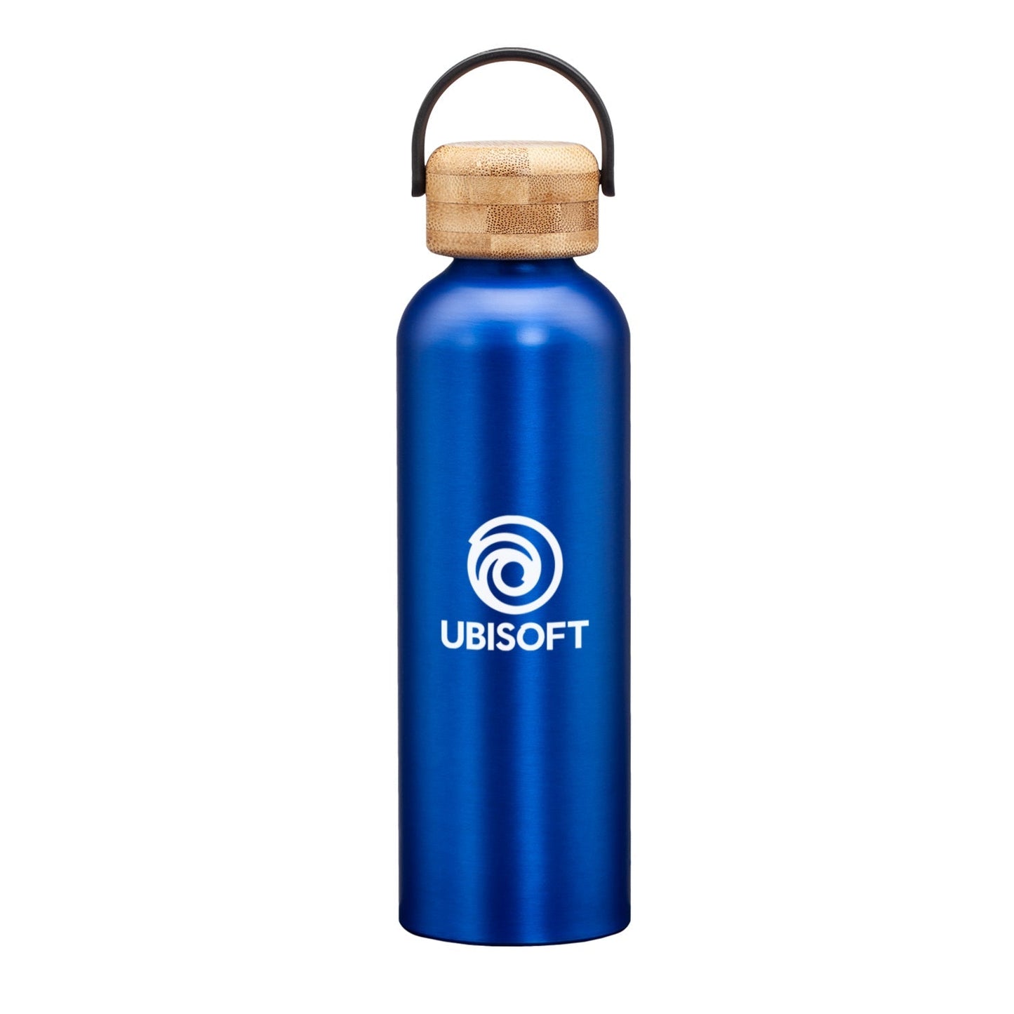 Matte blue stainless steel water bottle with a bamboo lid and handle, featuring a logo on the front.