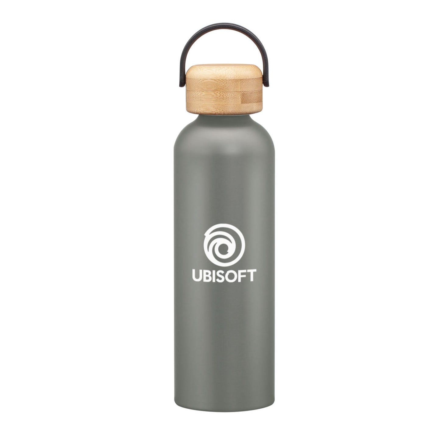 Matte gray stainless steel water bottle with a bamboo lid and handle, featuring a logo on the front.