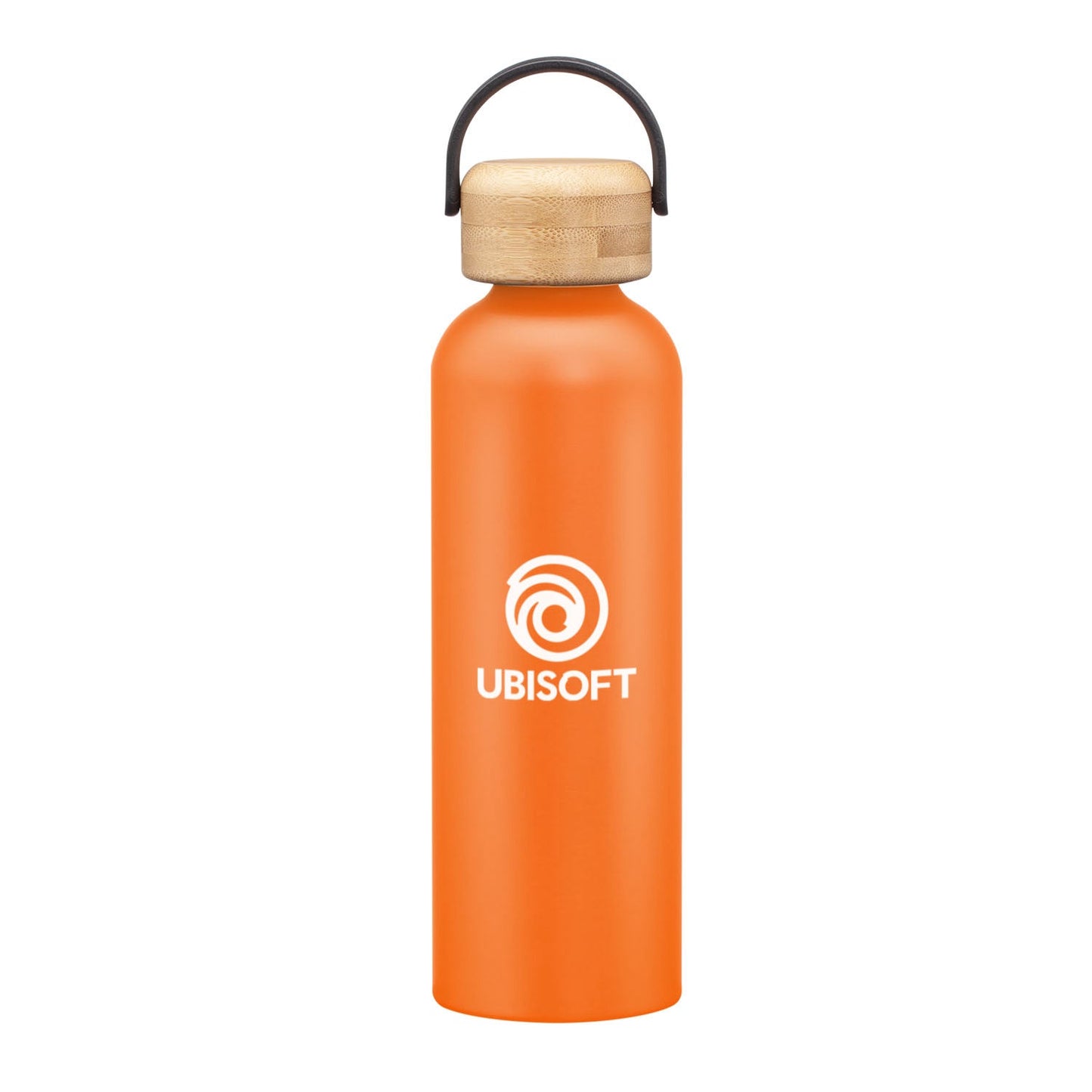 Matte orange stainless steel water bottle with a bamboo lid and handle, featuring a logo on the front.