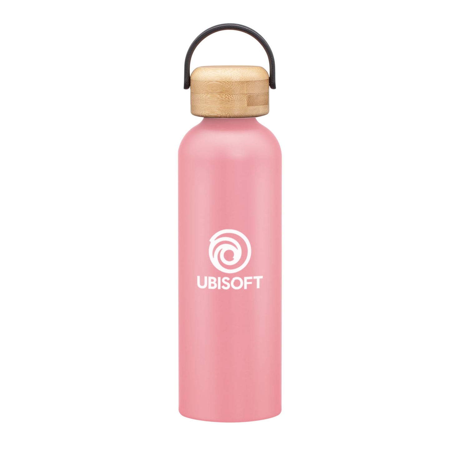 Matte pink stainless steel water bottle with a bamboo lid and handle, featuring a logo on the front.