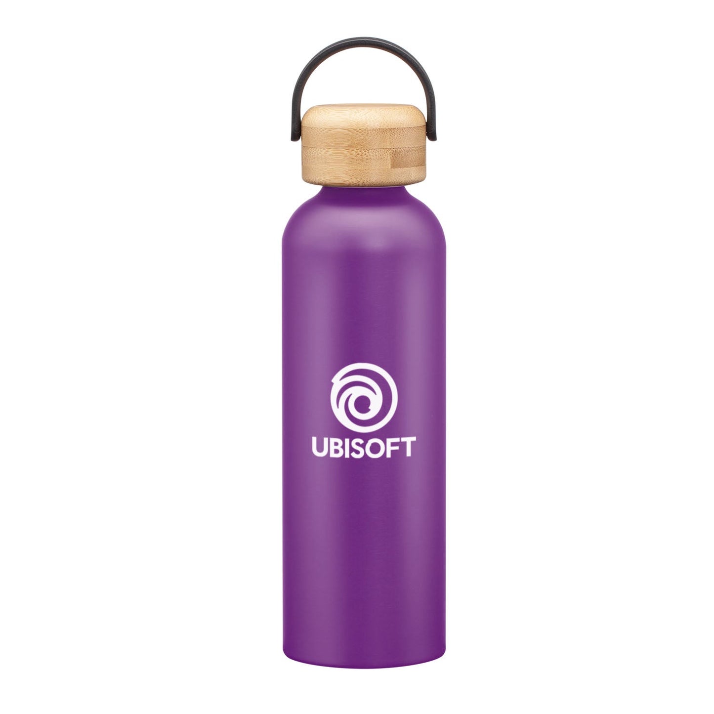 Matte purple stainless steel water bottle with a bamboo lid and handle, featuring a logo on the front.