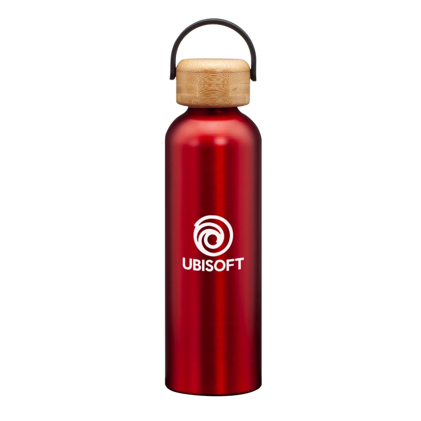 Matte red stainless steel water bottle with a bamboo lid and handle, featuring a logo on the front.