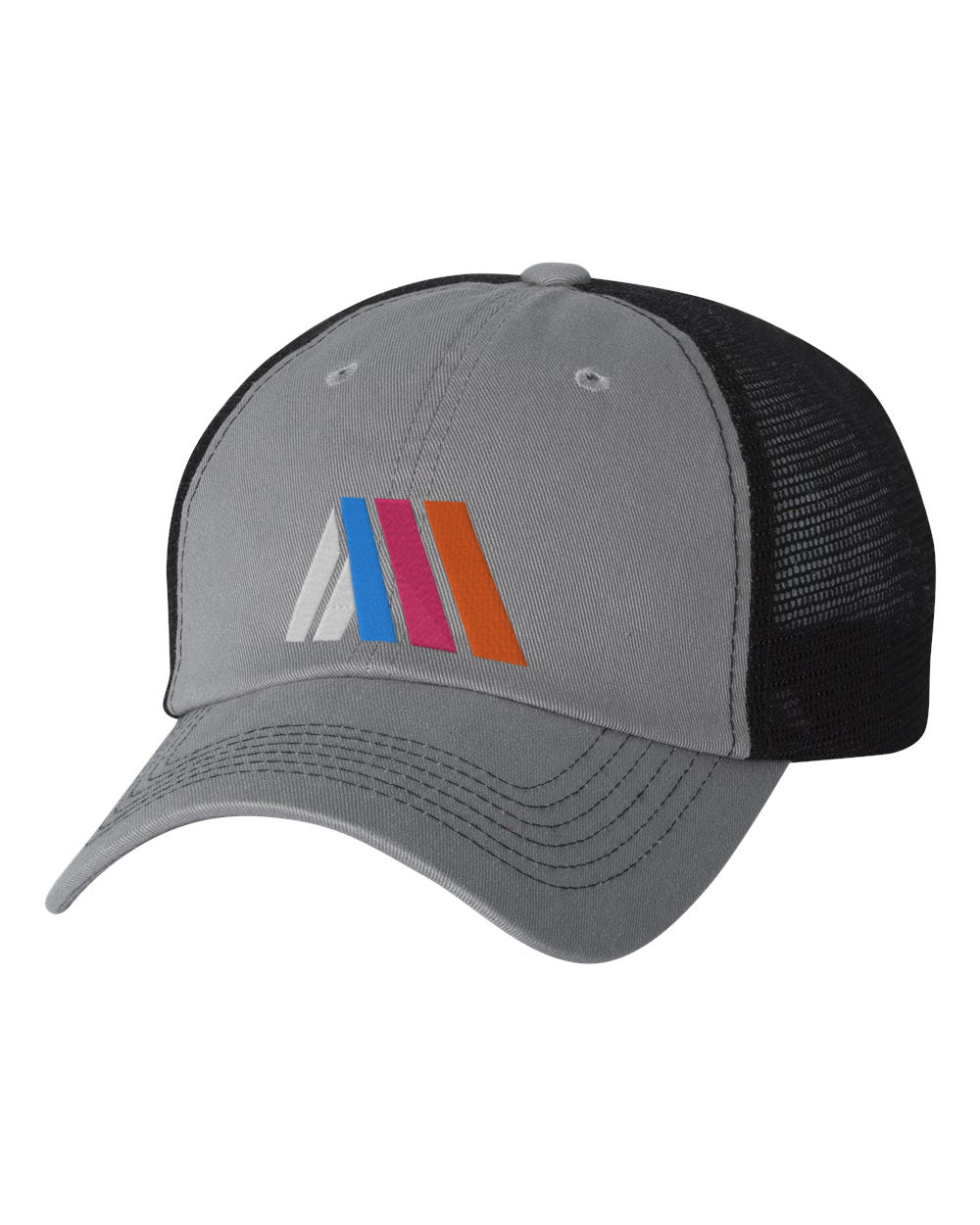 Front view of a grey trucker cap with black mesh back and multicolor logo on the crown.