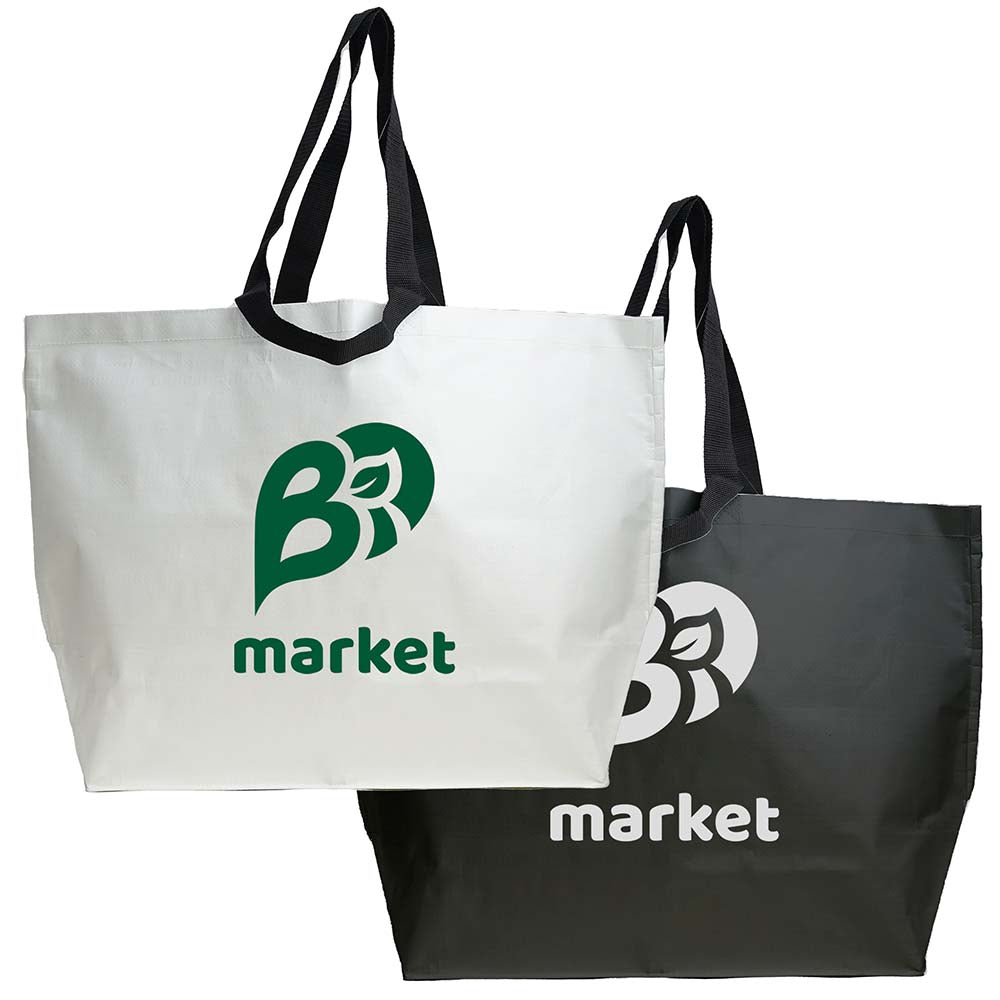 Two laminated woven jumbo reusable shopping tote bags with customized logos
