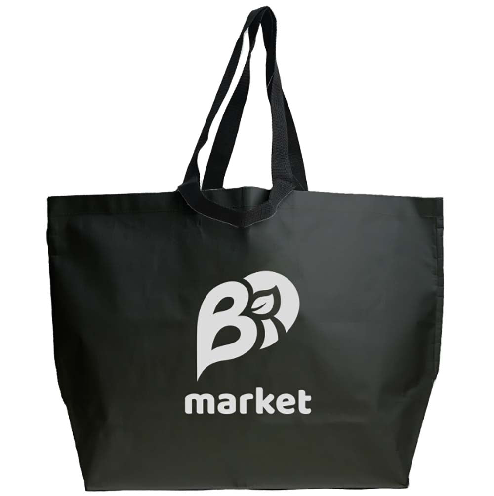 Black laminated woven jumbo reusable tote bag featuring a centered white logo and design, with black carrying handles.