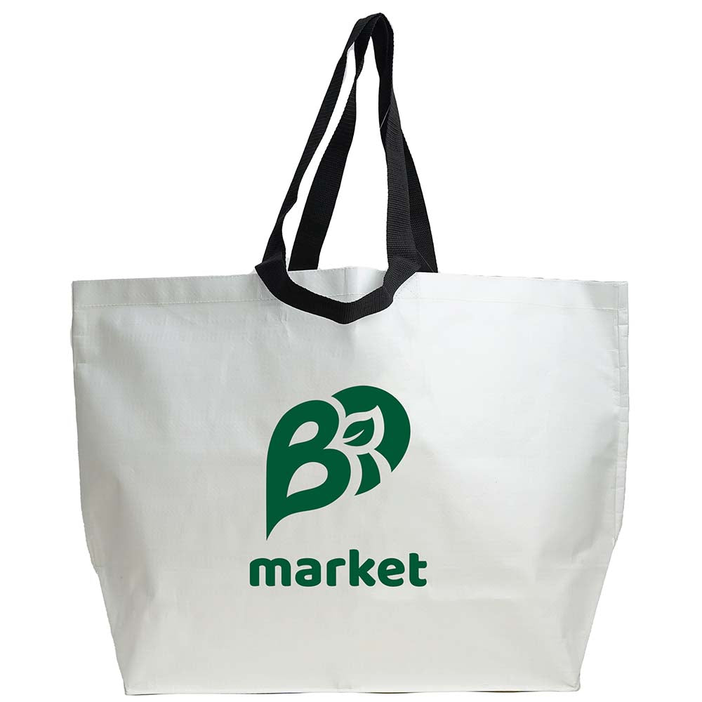 White laminated woven jumbo reusable tote bag featuring a centered white logo and design, with black carrying handles.